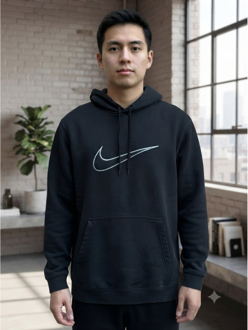 Nike Black Hoodie with Silver Swoosh Logo, Size XL